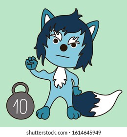 emoticon with a cool harsh wolf with blue wool bodybuilder who shows his biceps on his arm and a  weight standing next to it, simple emoji clip art on a blue isolated background
