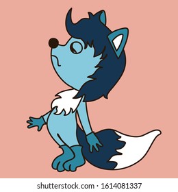 emoticon with a cool indifferent, arrogant, alienated wolf with blue wool that stands with its nose raised to the top, color emoji on isolated background