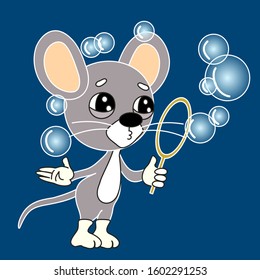 emoticon with a cool mouse that stands and blows bubbles, color vector clip art on blue isolated background
