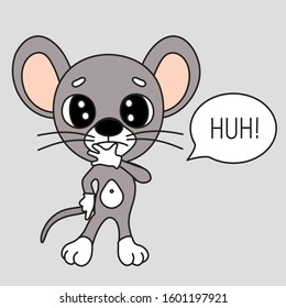 Emoticon with a cool mouse, who stands with a puzzled and unhappy look and thinks Huh, color clip art on isolated background