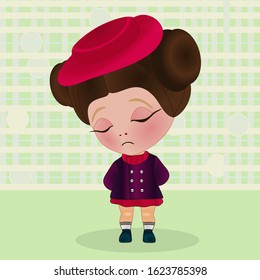 an emoticon with a cool offended girl that stands with its eyes closed and hands clasped behind its back. vector color illustration on checkered background.