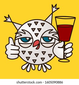 emoticon with cool owl drunkard, you're awesome facial expression and thumbs up gesture, eagle-owl stands and holds in his hand a glass of wine, color vector emoji clip art on isolated background