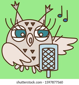 Emoticon with a cool owl girl who stands at a vintage microphone and sings, simplistic colorful picture, vector art 