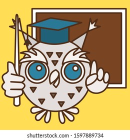 Emoticon with a cool owl teacher in a square hat, which stands in front of the blackboard with his index finger raised up and holds a pointer in his hand