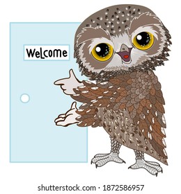 emoticon with cool owl that sign invites you to enter the door that says Welcome, vector color clip art on white isolated background