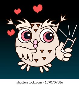 Emoticon with a cool owl, which stands with a pleased look and holds in her hand a mobile phone from which the bell rings, an emoticon on a black and blue background with pink hearts