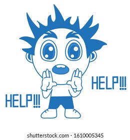 emoticon with a cool scared boy that stands with both palms to his mouth and screams Help, blue vector clip art on isolated background
