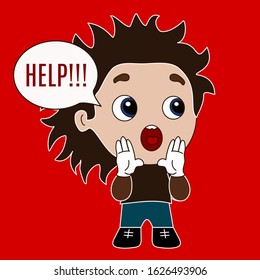 emoticon with a cool scared boy that stands with both palms to his mouth and screams Help, vector emoji on isolated background