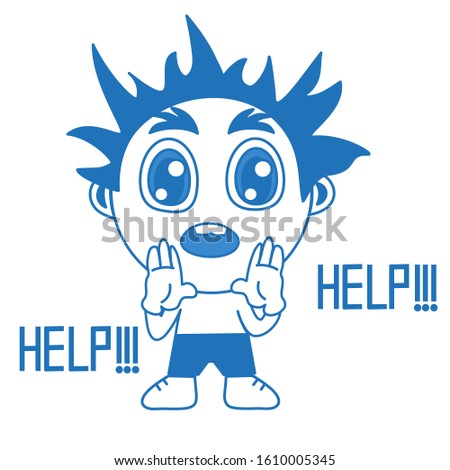 emoticon with a cool scared boy that stands with both palms to his mouth and screams Help, blue vector clip art on isolated background