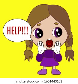 emoticon with a cool scared chibi girl that stands with both palms to his mouth and screams Help, vector emoji on isolated background