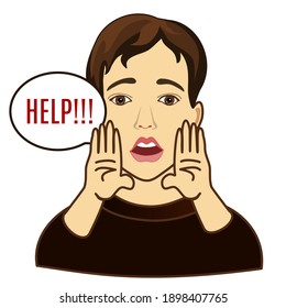 emoticon with a cool scared man with both palms to his mouth and screams Help, vector colored emoji on isolated background