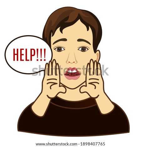 emoticon with a cool scared man with both palms to his mouth and screams Help, vector colored emoji on isolated background