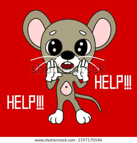 emoticon with a cool scared mouse that stands with both palms to his mouth and screams Help, color vector clip art on isolated background