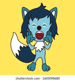 emoticon with a cool scared wolf with blue wool that stands with with eyes closed and both palms to his mouth and screams, color vector clip art on yellow isolated background