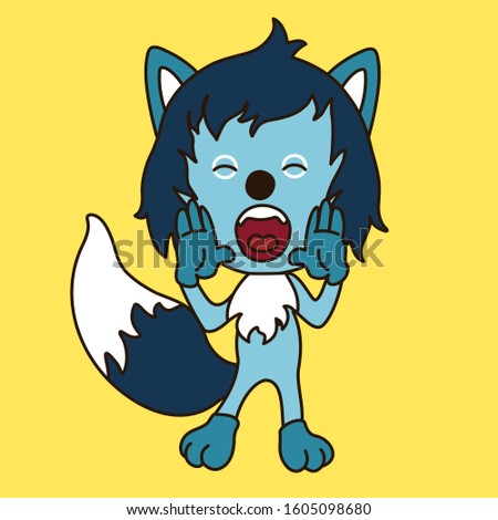 emoticon with a cool scared wolf with blue wool that stands with with eyes closed and both palms to his mouth and screams, color vector clip art on yellow isolated background