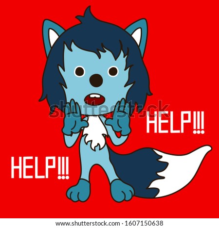 emoticon with a cool scared wolf with blue wool that stands with both palms to his mouth and screams Help, color vector clip art on isolated background