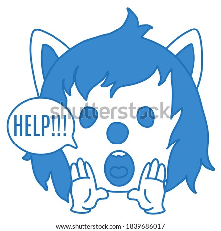 emoticon with a cool scared wolf with both palms to his mouth and screams Help, color vector clip art on isolated background