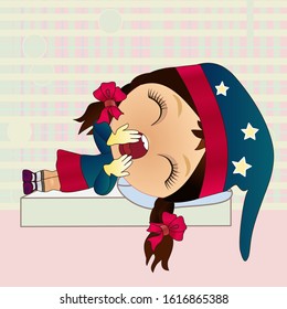 Emoticon with a cool sleepy girl in a nightcap with stars, which lies, resting its head on a pillow and yawns, color clip art on checkered background