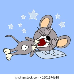 Emoticon with a cool sleepy mouse, which lies, resting its head on a pillow and yawns, color clip art on blue isolated background