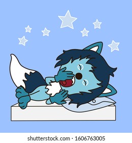 Emoticon with a cool sleepy wolf with blue wool, which lies, resting its head on a pillow and yawns, color clip art on blue isolated background