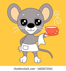emoticon with a cool smiling mouse waiter who carries in his hand a cup and saucer on a napkin, vector color clip art
