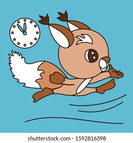 emoticon with cool squirrel runs because it is late on a blue isolated background with a clock, color vector clip art