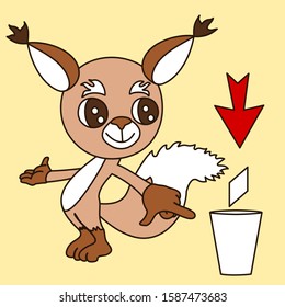 Emoticon with a cool squirrel that points with an index finger to the urn where it is necessary to throw garbage, vector clip art