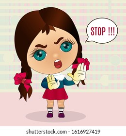 emoticon with a cool strict angry girl that shows the Stop gesture with two hands, color vector emoji on isolated background