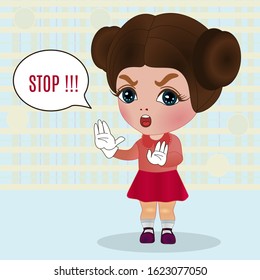 emoticon with a cool strict angry girl that shows the Stop gesture with two hands, color vector emoji on checkered background