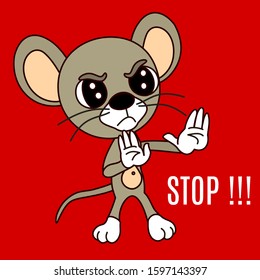 emoticon with a cool strict angry mouse that shows the Stop gesture with two hands, color vector clip art on isolated background