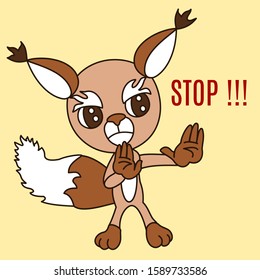 emoticon with a cool strict angry squirrel that shows the Stop gesture with two hands, color vector clip art on isolated background