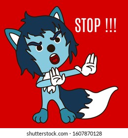 emoticon with a cool strict angry wolf with blue wool that shows the Stop gesture with two hands, color vector clip art on isolated background