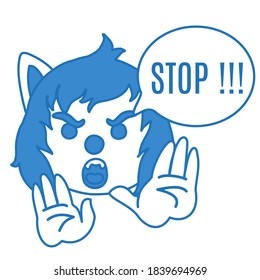 emoticon with a cool strict angry wolf that shows the Stop gesture with two hands, color vector clip art on white isolated background