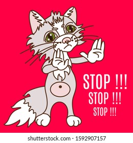 emoticon with a cool strict cat that shows the Stop gesture with two hands, color vector clip art on isolated background