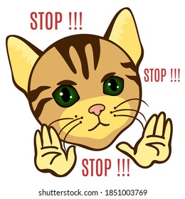 emoticon with a cool strict cat that shows the Stop gesture with two hands, color vector clip art on white isolated background