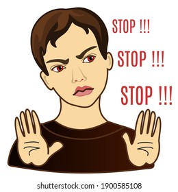 emoticon with a cool strict man that shows the Stop gesture with two hands, color vector clip art on white isolated background