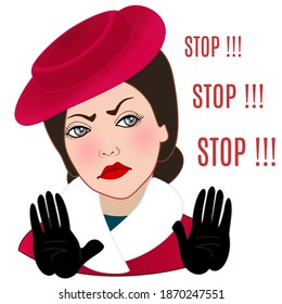 emoticon with a cool strict woman that shows the Stop gesture with two hands, color vector clip art on white isolated background