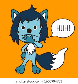 Emoticon with a cool wolf with blue wool, who stands with a puzzled and unhappy look and thinks Hoh, color clip art on isolated background