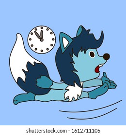 emoticon with cool wolf with blue wool runs because it is late on a blue isolated background with a clock, color vector clip art