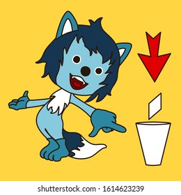 Emoticon with a cool wolf with blue wool that points with an index finger to the urn where it is necessary to throw garbage, vector emoji
