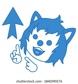 emoticono con un lobo fresco, que muestra dos dedos índice hacia arriba y hacia la flecha, imagen de clip vectorial sobre fondo aislado blanco