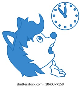 emoticon with cool wolf who is late, color vector emoji on white isolated background with clock