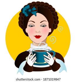 emoticon with a cool woman waiter who carries in her hand a cup and saucer on a napkin, vector color clip art on a white isolated background
