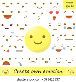 Emoticon creator. Emoji. Avatar. Big collection cartoon face. Create your own personality character. Doodle emotion for your cute design.  Smiley icon constructor. Vector illustration.
