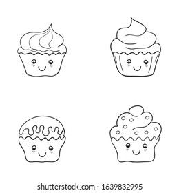 Emoticon Cupcakes doodle with black outline icon design, cute and various muffins and cream 