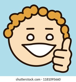 emoticon with curly character that is showing a thumbs up gesture with left hand on like or plus one social network picture, circle shaped vector emoji in color, simplistic colorful pictogram