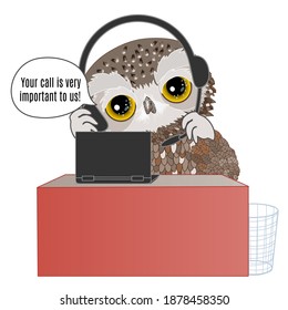 emoticon with a customer service owl who wears a headset, wears headphones and a microphone, answers a customer's call by speaking Your call is very important to us