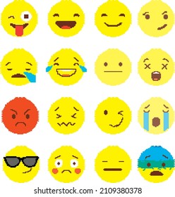 Emoticon with cute faces, icons in pixel art style. Vector graphics illustrations white background