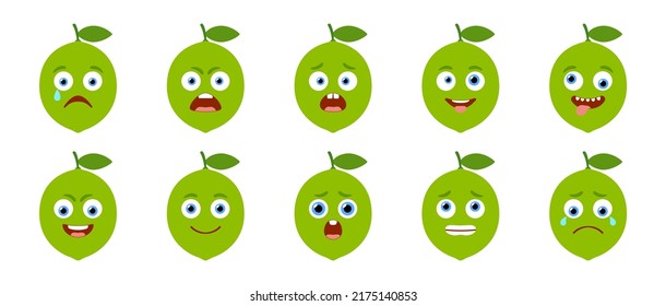 Emoticon Of Cute Lime. Isolated Vector Set