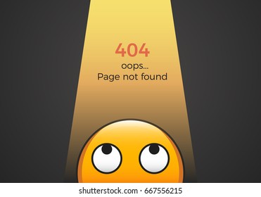 Emoticon in a dark room with a lamp that illuminates him and the "404 page not found" error message. Vector illustration